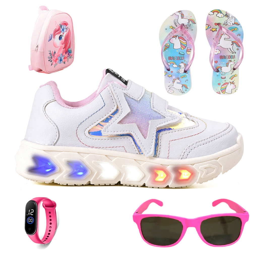 Tenis Infantil De Led Meninas Estrela Holografico Casual + Mochila + Chinelo + Oculos + Relogio em Oferta na Shopee
