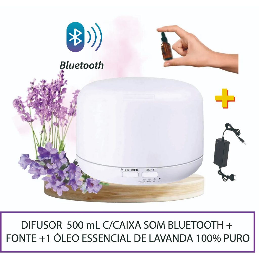 4 em 1: DIFUSOR 500ml CAIXINHA DE SOM, UMIDIFICADOR E LUMIÁRIA + FONTE+ 1 ÓLEO ESSENCIAL LAVANDA