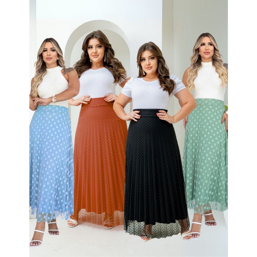 Saia Longa Plissada Tule Poá Forro Helanca Light Moda Evangélica em Oferta na Shopee