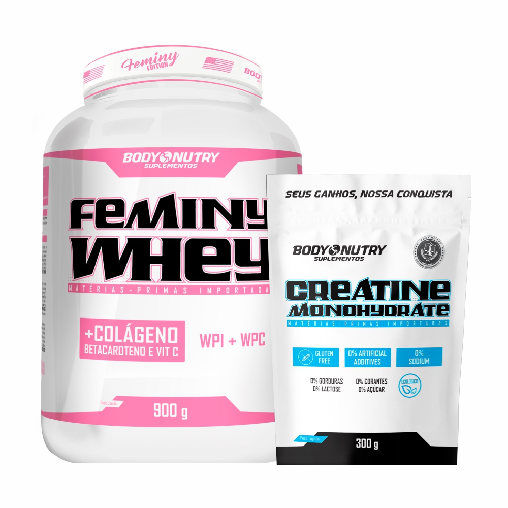Kit Academia Feminino - Feminy Whey 900g + Creatina Monohidratada 300g (Whey c/ COLÁGENO) em Oferta na Shopee
