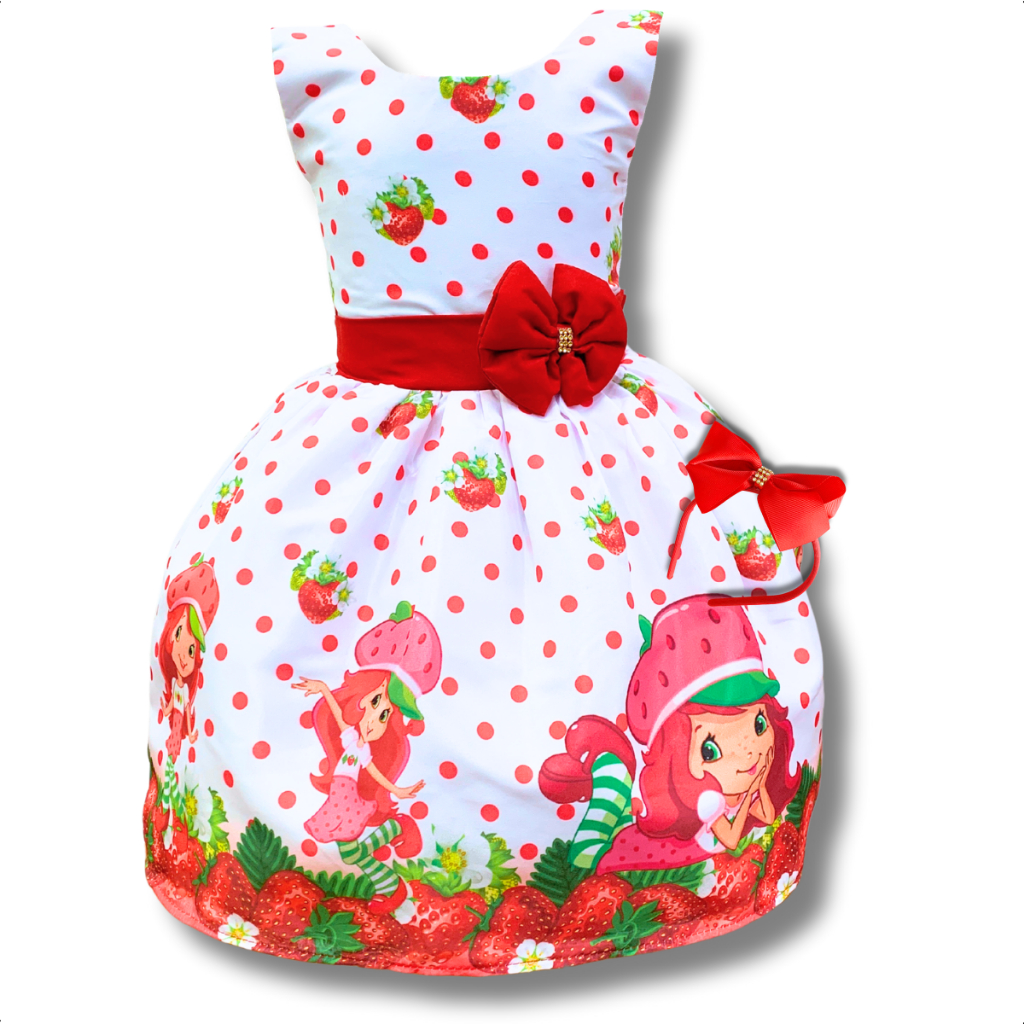Vestido Infantil Temático Menina Moranguinho Vermelho  com Armação de Tule e Laço Ajustável