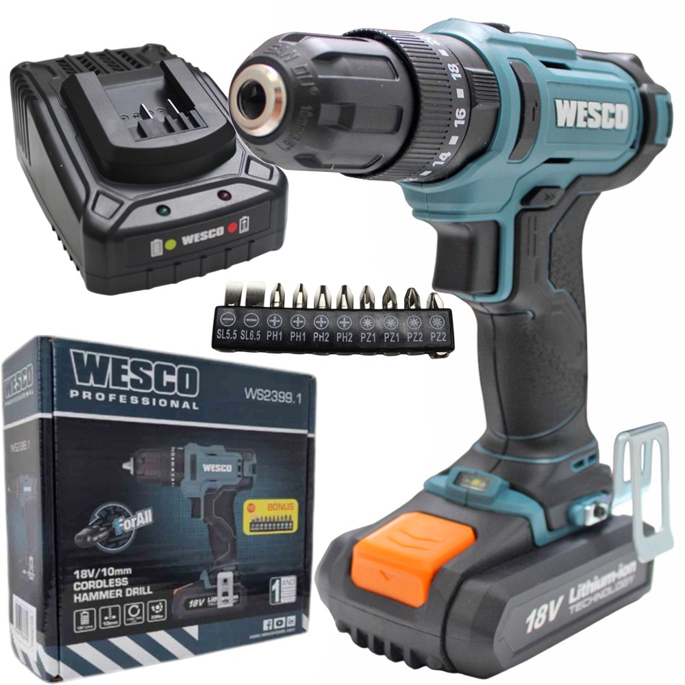 Parafusadeira Furadeira de Impacto 18V Reverso 10mm 30Nm Wesco WS2399.1 - Home & Living