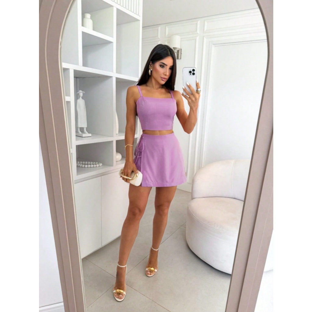 Conjunto Feminino Short Saia Envelope C/Cropped Alça Larga COD:202-Liso em Oferta na Shopee