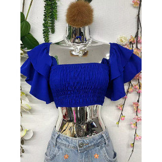 Cropped feminino elastico manga com babado
