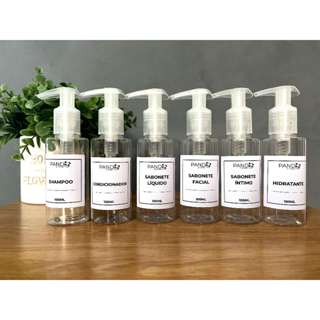 Kit viagem 06 Frascos Cristal 100ml- Shampoo, Cond., Sab. líquido, Sab. Facial. Sab. íntimo e hidratante em Oferta na Shopee