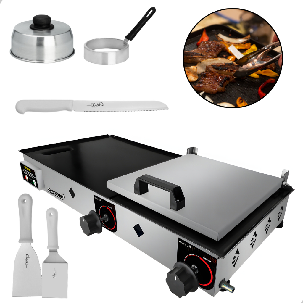 Chapa Lanche Com Prensa 70x30 Industrial Com Utensílios Pra Lanchonete Bares Hotéis Residências