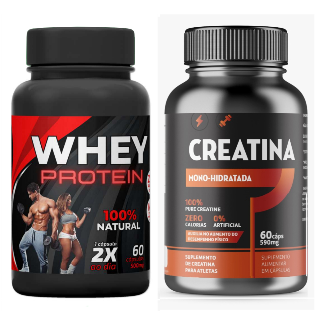 Kit Fitness - Creatina + Whey Proten 120 Caps Cada 500mg Musculação + Nota Fiscal (Total 240 Caps) em Oferta na Shopee