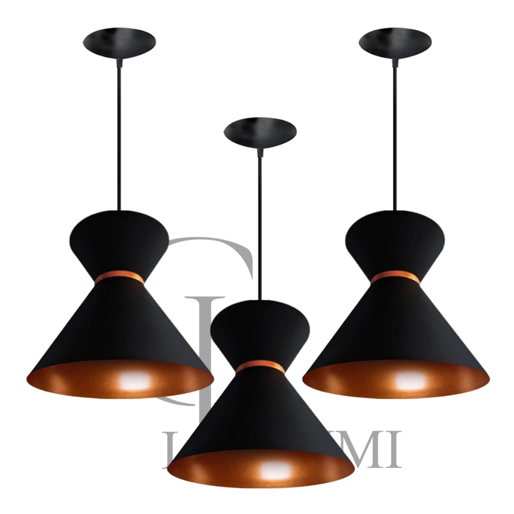 KIT COM 3 PENDENTES LUXO PRETO COM COBRE CASA E DECORAÇÃO ENVIO IMEDIATO em Oferta na Shopee