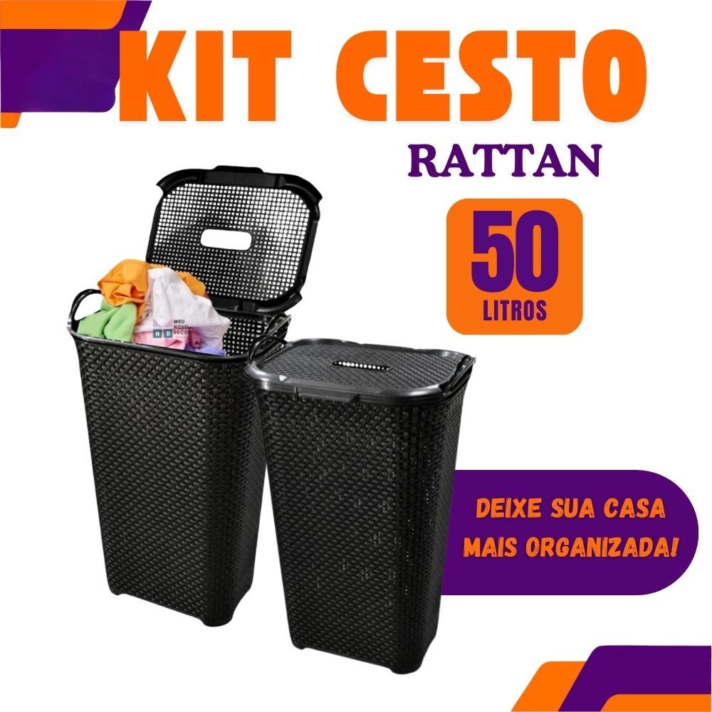 KIT Cesto de Roupa Grande 50 Litros Com Alça Para Roupas Com Tampa Rattan