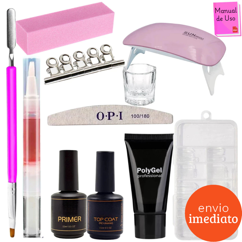 Kit Polygel Alongamento De Unhas Molde F1 Lixa Top Coat Primer Cabine Sun Mini Polygel