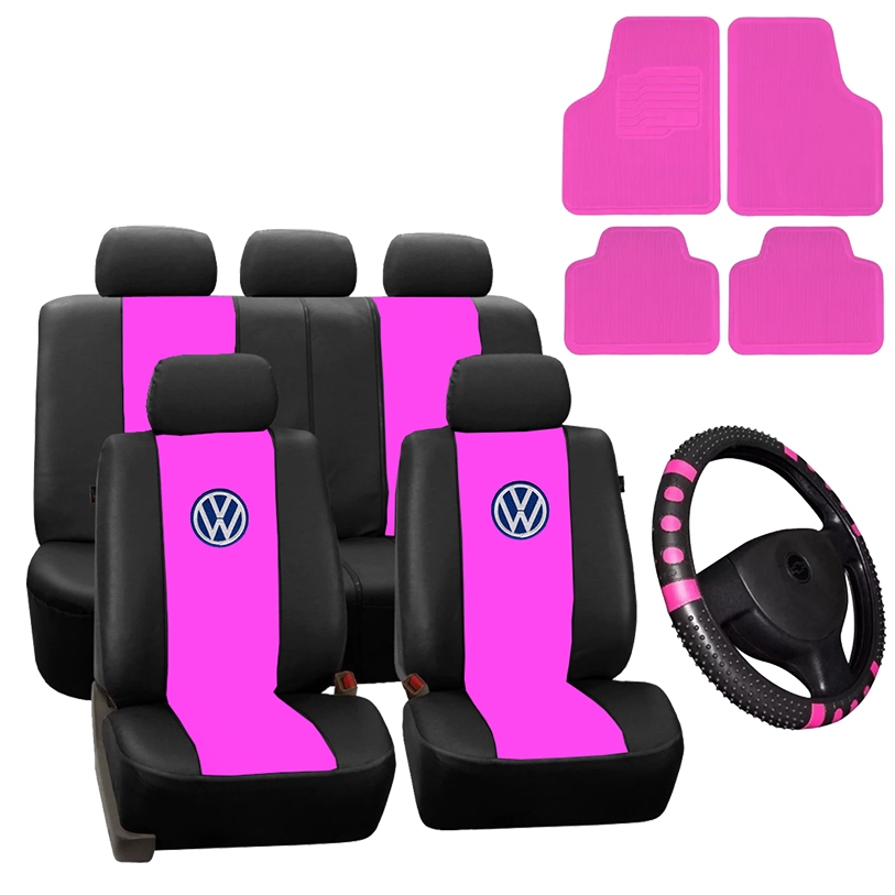 Kit Capa Banco Couro + Tapete + Volante Preto/Rosa Gol G1 G2 G3 G4 G5 G6 G7 Fox Space Fox