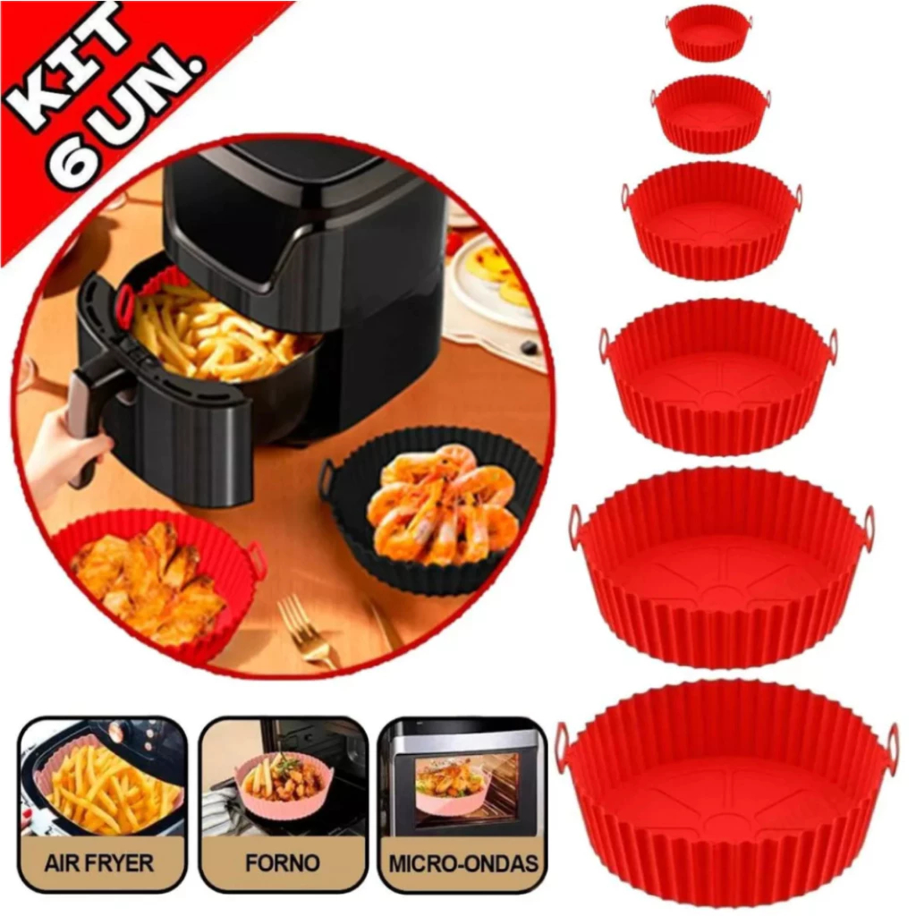 Kit 6 Forma de Silicone para Fritadeira Air Fryer com Alça Antiaderente Cozinha Universal
