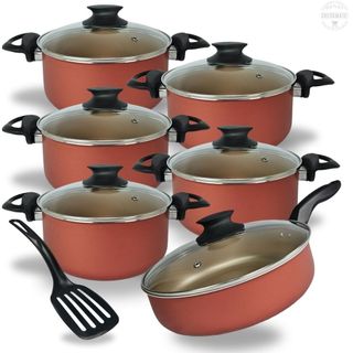 Jogo De Panelas Caçarolas 16 a 24 e Frigideira Alta 24 cm Com 5 Camadas De Antiaderente Teflon Cereja