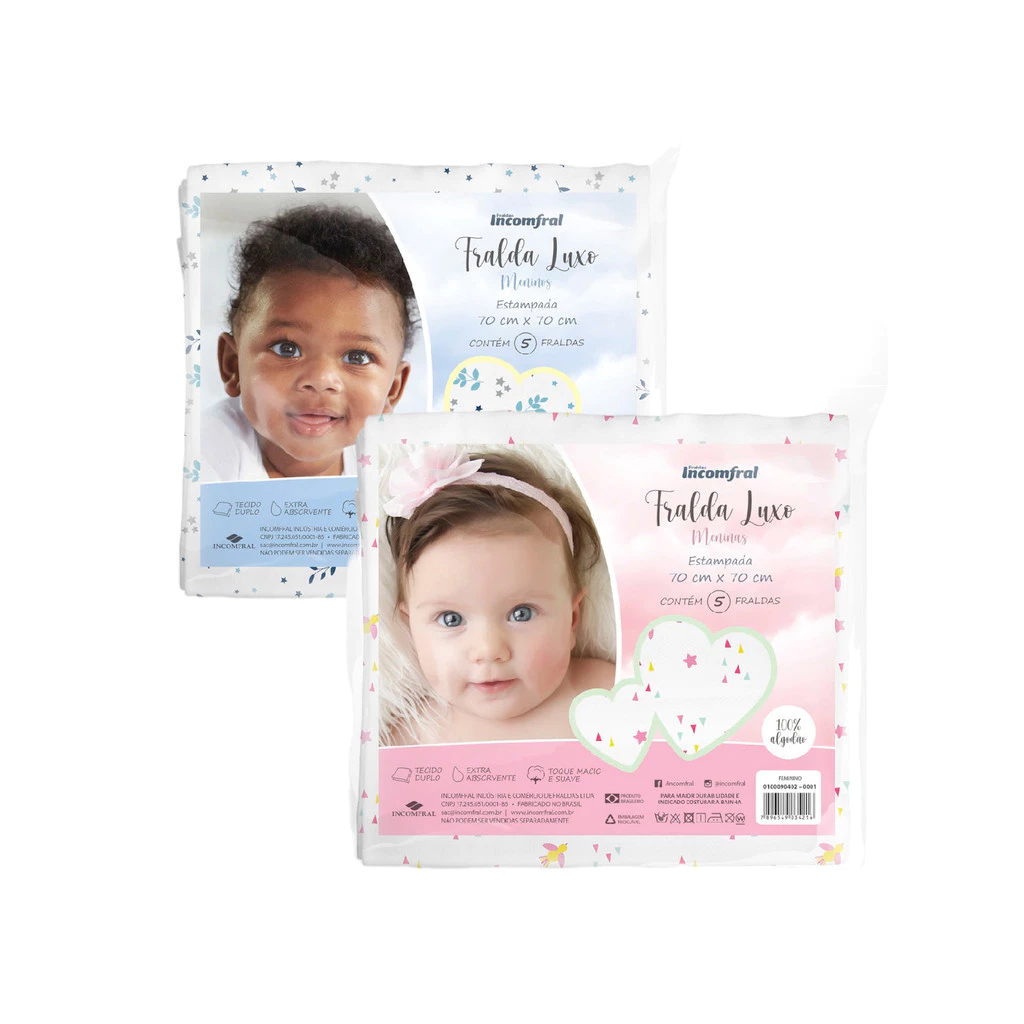 Kit 5 Fraldas Luxo  Estampada Bebê Menino Menina Tecido Duplo