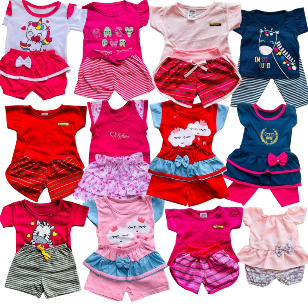 Kit 8 peças sortidos bebê variadas 4 camisetas + 4 short/calça menina festa enxoval verão 3-6 meses