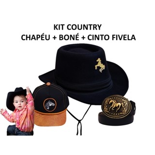 KIT COUNTRY ( CHAPÉU +BONÉ + CINTO )MENINO BEBÊ RODEIO FESTA JUNINA SÃO JOÃO em Oferta na Shopee