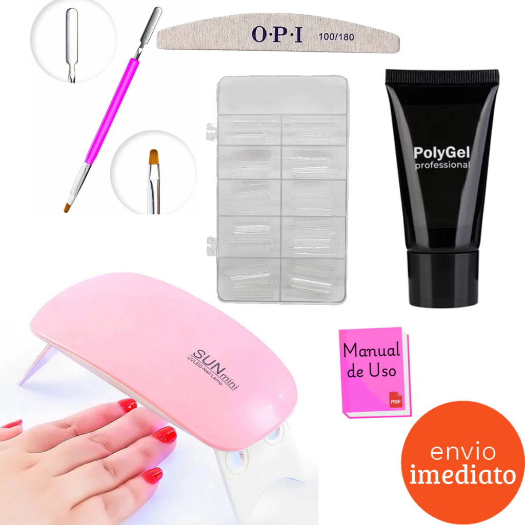 Kit Alongamento Poligel Polygel + Molde F1 + Lixa + Mini Cabine De Unha + Pincel 02 em 1