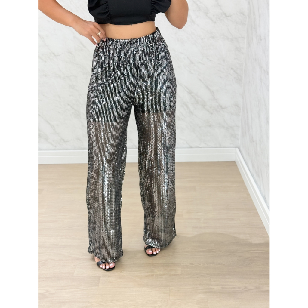 Calça Feminina de Festa Pantalona de Paetê Brilho Forrada em Oferta na Shopee