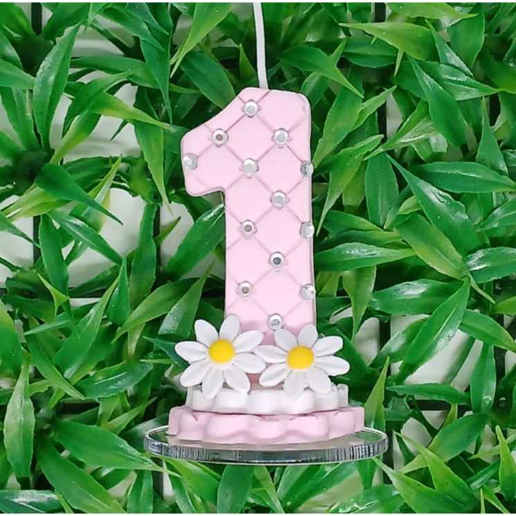 Vela de aniversário rosa, com textura, strass e margaridas em Oferta na Shopee