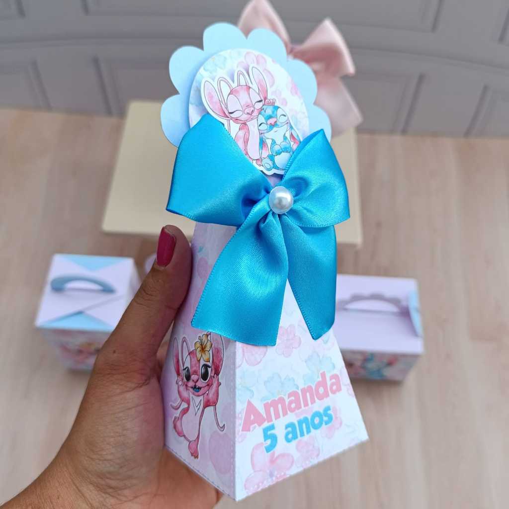 CAIXA PIRÂMIDE STITCH E ANGEL / LEMBRANCINHA DE ANIVERSARIO INFANTIL CAIXINHAS PERSONALIZADAS - PEGUE E MONTE