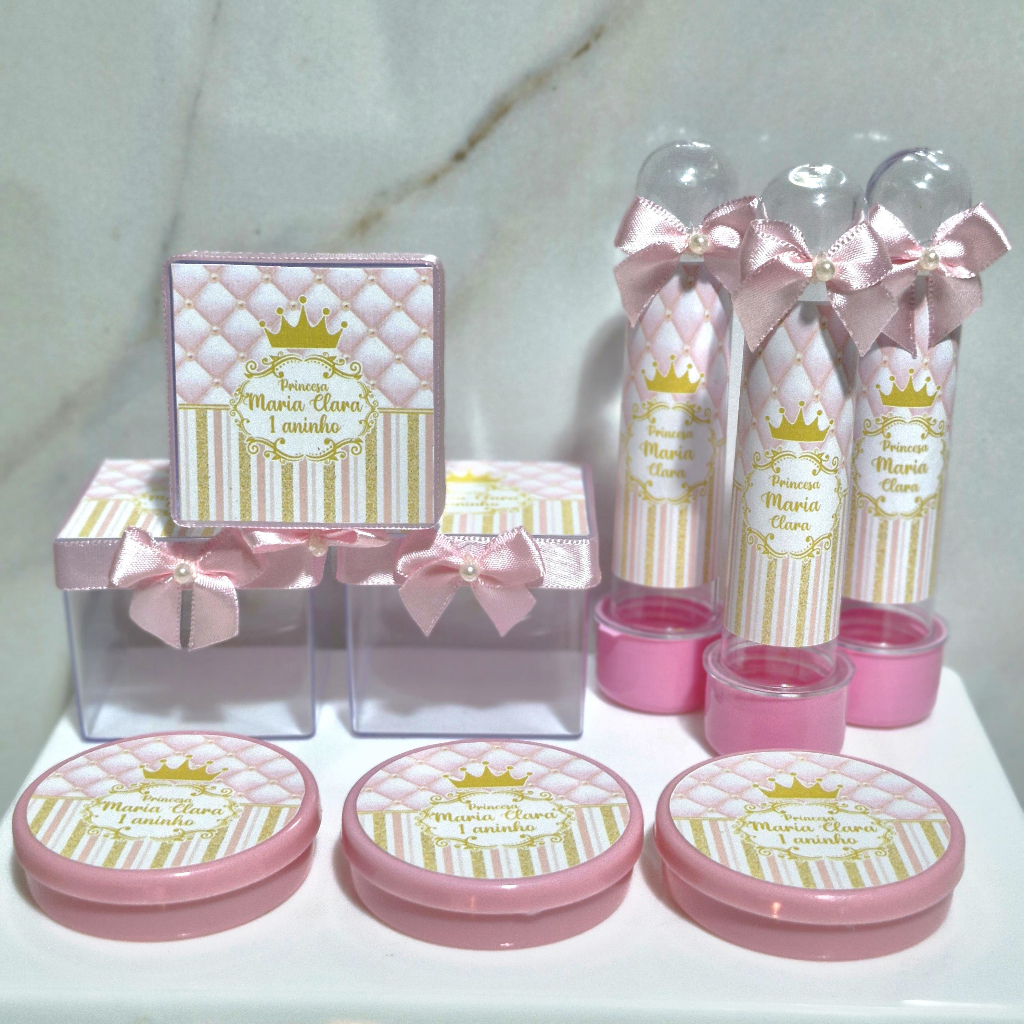 Lembrancinhas personalizada princesa realeza, caixa acrílico personalizada, tubete personalizado