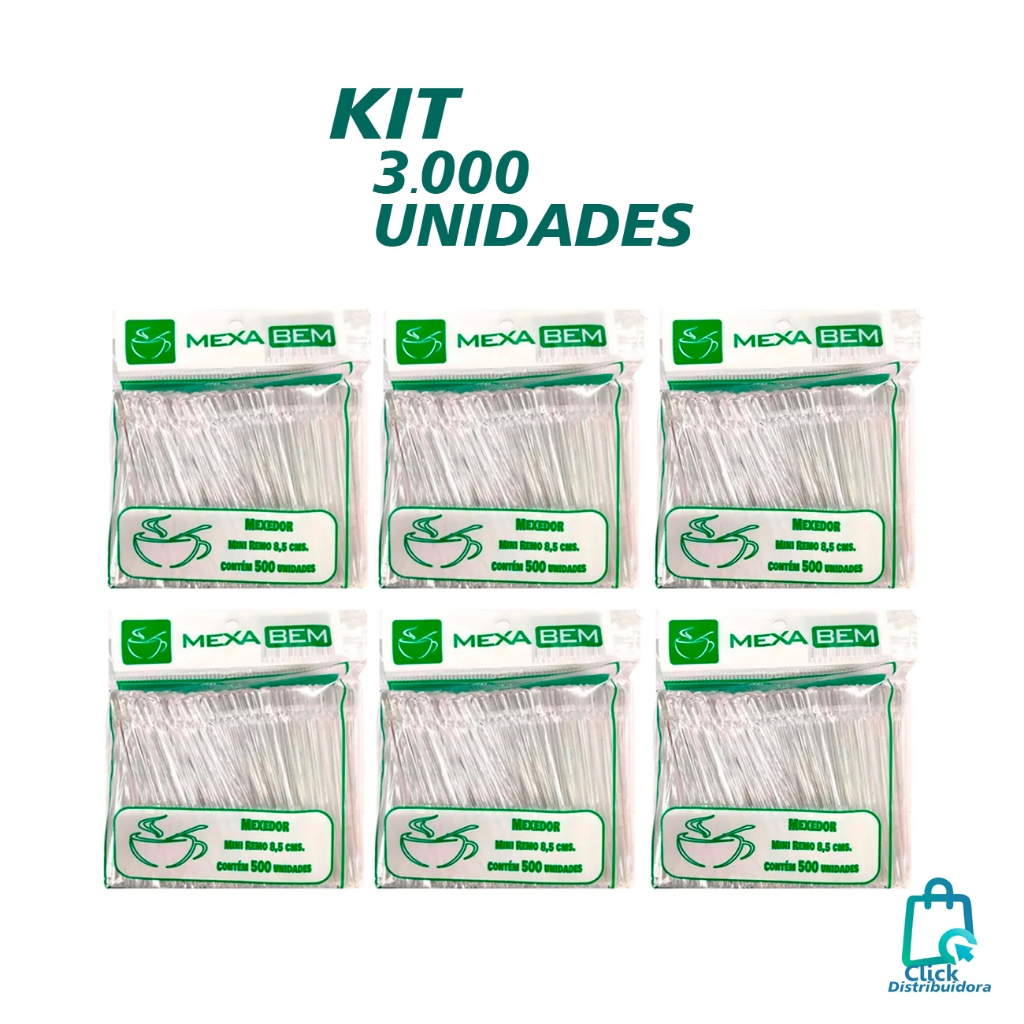KIT 3.000 Unidades Mexedor de Café Mexa Bem Cristal 8,5cm 6 pacotes com 500unidades Palheta Plástica