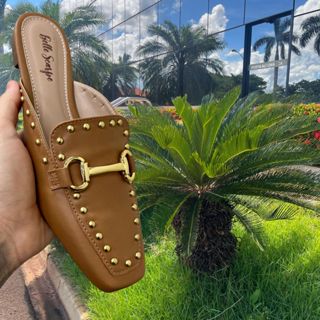 Mule Feminino Sandália Casual Bico Quadrado Confort Corrente Spikes HotFix Preto Off White Cappucino em Oferta na Shopee
