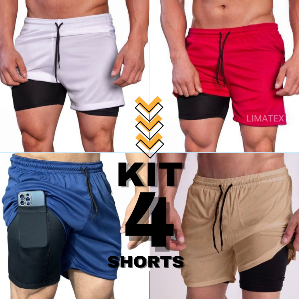 KIT 4 ou 1 Short 2 em 1 Bermuda Treino Masculino Academia com bolso interno em Oferta na Shopee