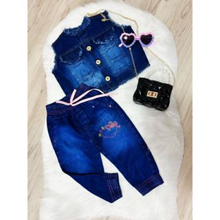 Conjunto Jeans Molinho Menina  (Colete e Calça Jogger ) P M G em Oferta na Shopee