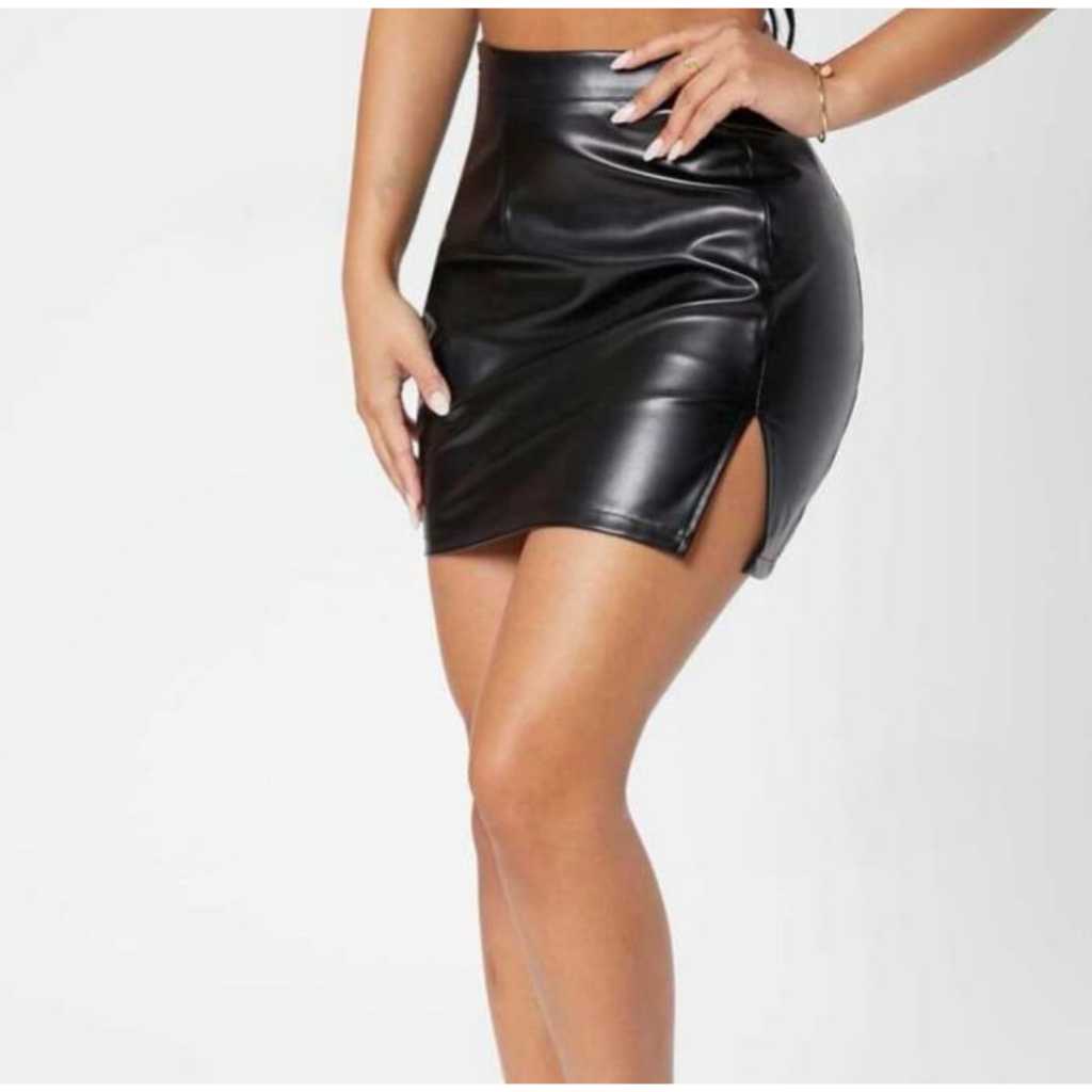 Saia Feminino Curta com Fenda laterem em Couro Sintético - curta justa  moda gringa  Saia Mini Elegante com Cintura Alta