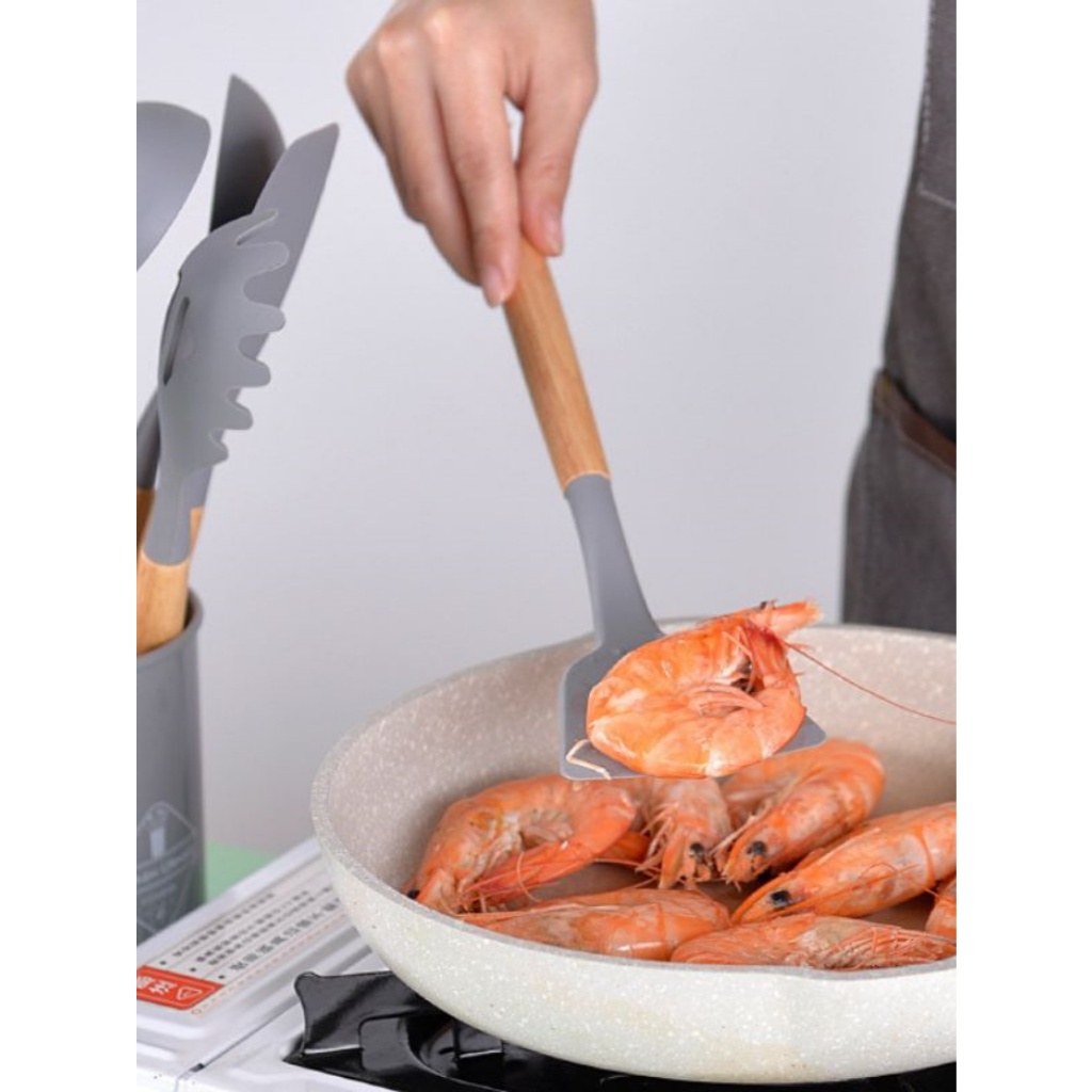 1 KIT Cinzento 12 Peças Utensílios Para Cozinha em Silicone e Bambu