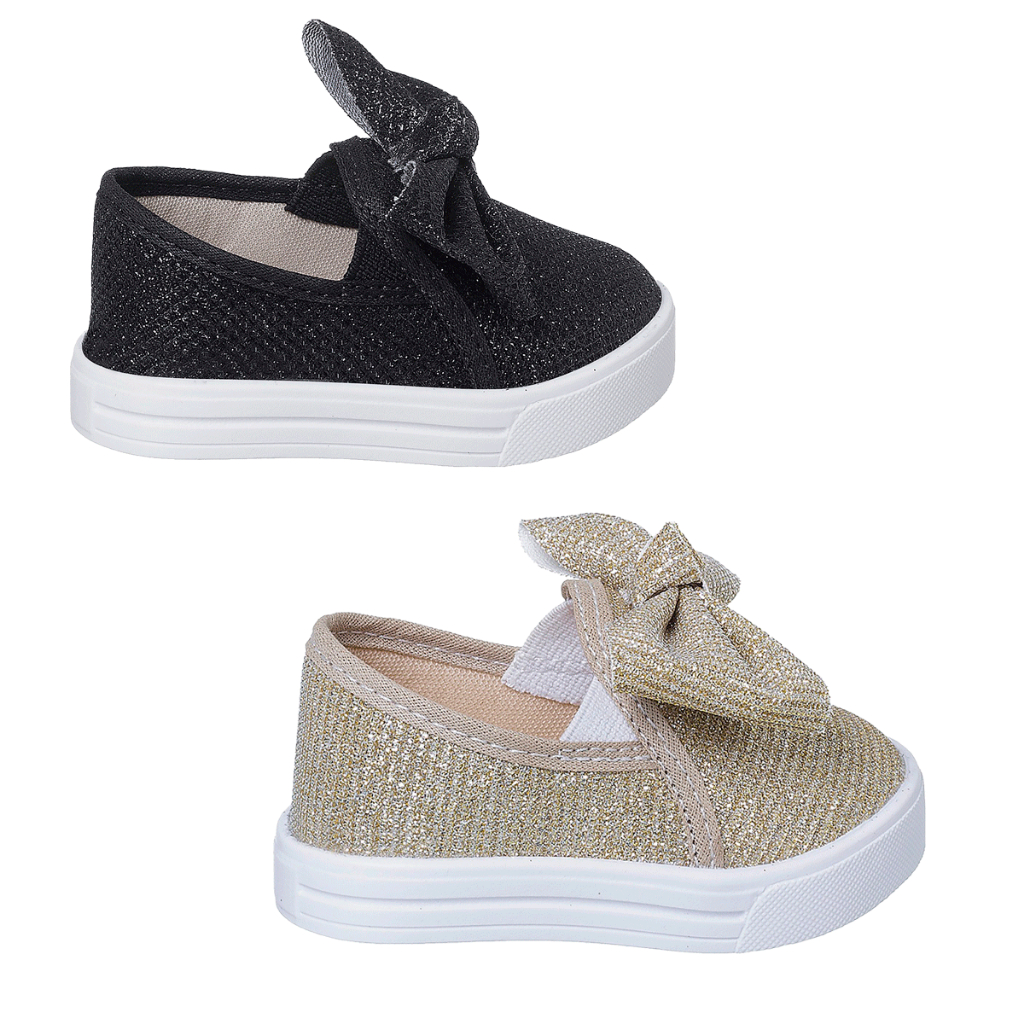 Kit 2 Tênis Feminino Slip On Glitter Infantil Sapatilha Sapatênis Iate Calce Fácil Menina Laço
