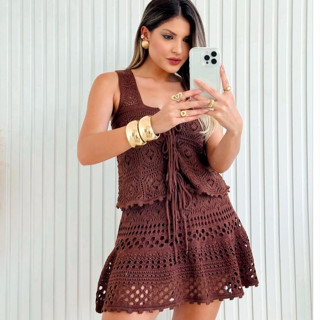 Conjunto Tricot Modal Cordão Estilo Crochê Conjunto Regata Saia Rodada Boho Chic em Oferta na Shopee