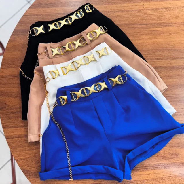 Short Feminino Estiloso Alfaiataria Cintura Alta  com Cinto Corrente Tendência Verão — imagem 1