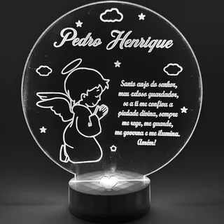 luminária Personalizada 3D Abajur a Bateria ou USB Oração Santo Anjo