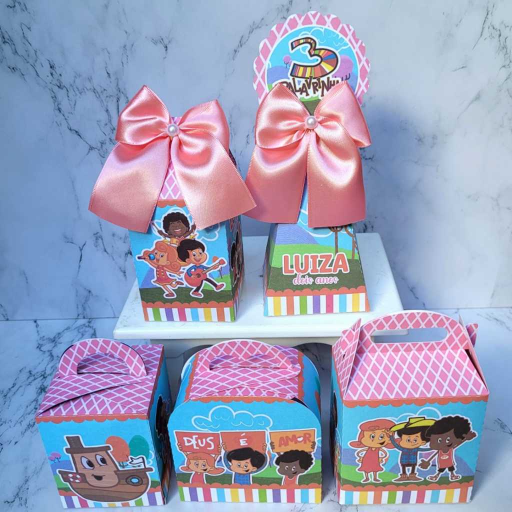 Kit Festa Personalizado 3 Palavrinhas Menina Rosa Pegue Monte Caixinha Lembrancinha