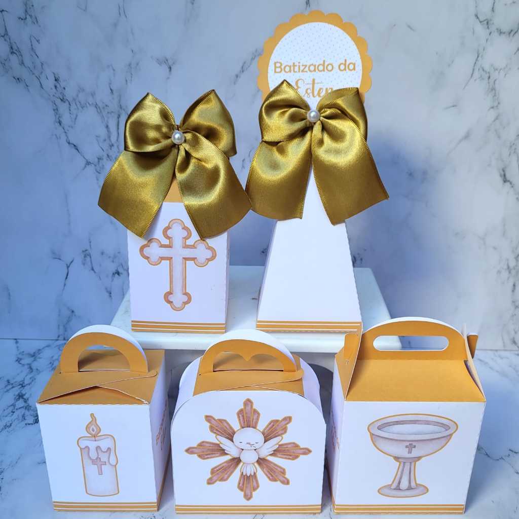 Kit Festa Personalizado Batismo Dourado Batizado Menino Menina Pegue Monte Caixinha Lembrancinha