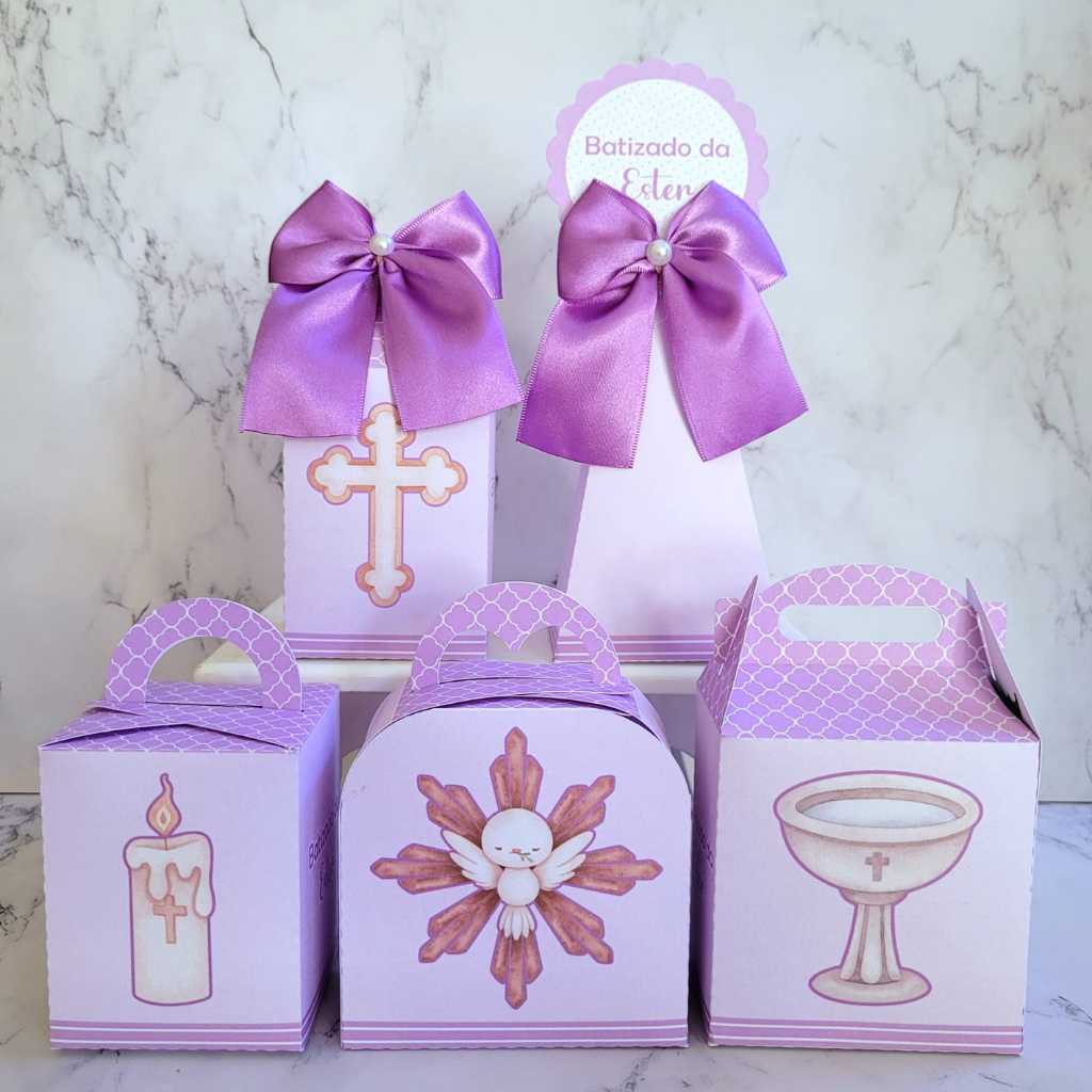 Kit Festa Personalizado Batismo Lilás Batizado Menina Pegue Monte Caixinha Lembrancinha