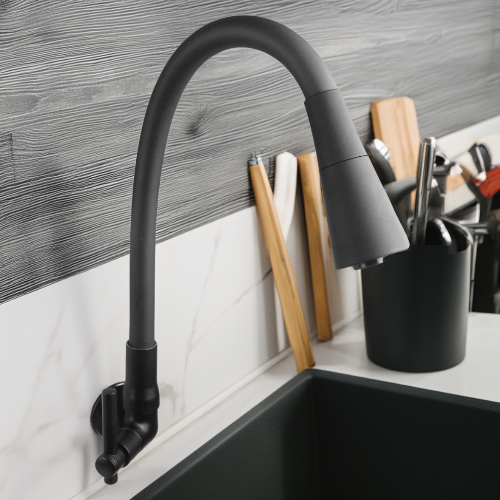 Torneira Gourmet Cozinha Parede Pia Flexível Inox Preto Fosco Água Fria Linha Luxo