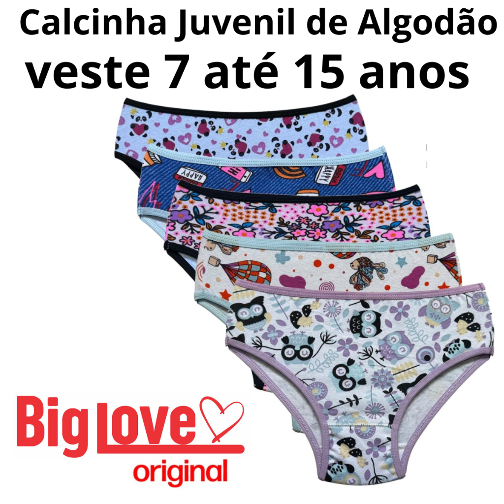 Kit 5 Calcinha Juvenil Menina Moça de Algodão Tamanhos 7 até 15 anos Atacado e Vareja R:025