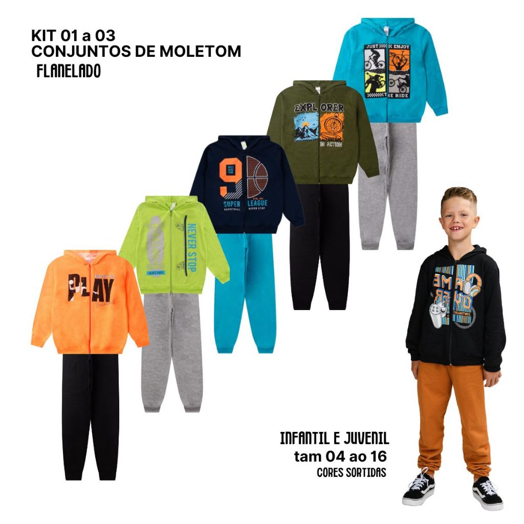 kit 1 a 3 Conjuntos Moletom Infantil Juvenil Masculino Blusa Calça Flanelado Agasalho Menino Capuz Ziper Punho Tam 04-16