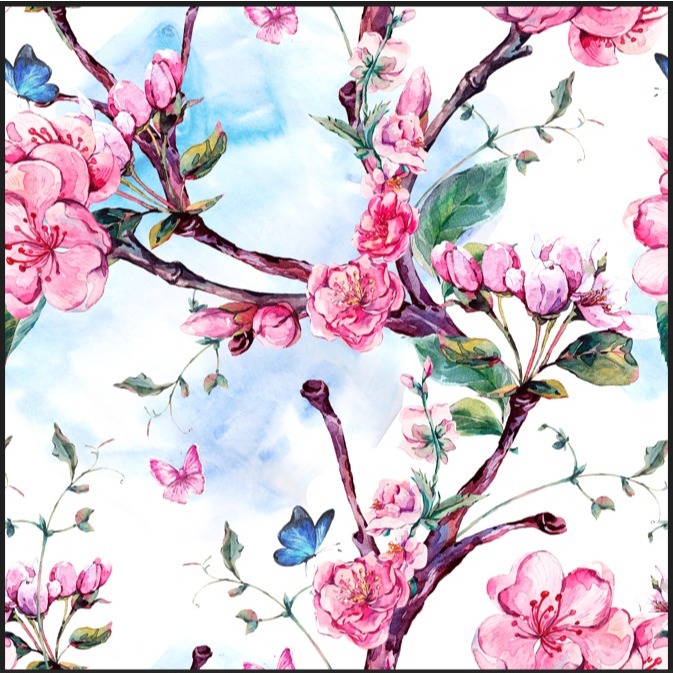 Tecido Seda Begônia    Estampa Florar de Cerejeira  1,50 mt - Para Vestido Feminino - Blusa- Cangas