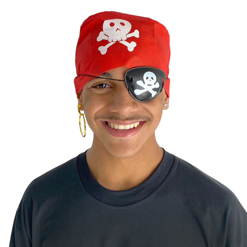 Kit Acessórios Fantasia Pirata Tapa-Olho Bandana e Brinco em Oferta na Shopee