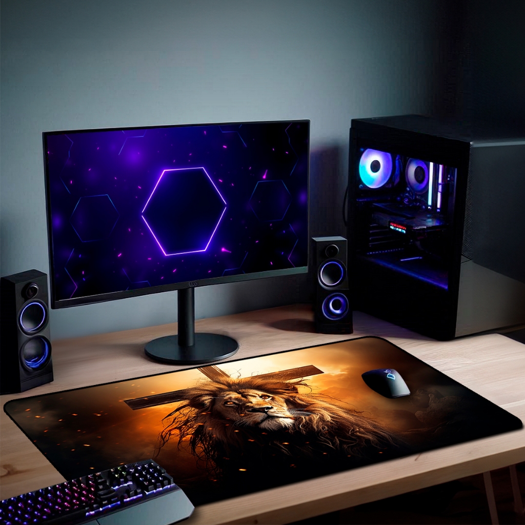 Mouse Pad Gamer  Lion  Antiderrapante Grande 70x35 80x35 90x40 90x50 cm Borda Costurada em Oferta na Shopee