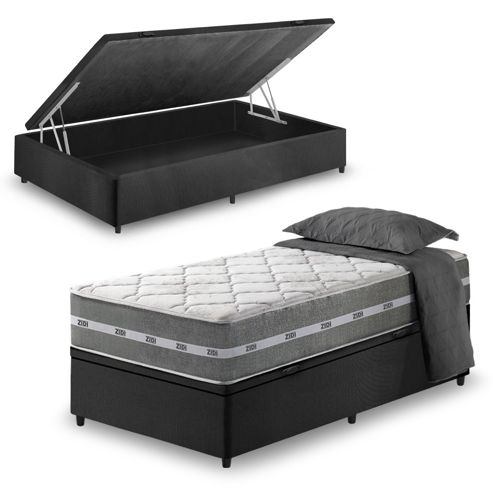 Cama Box Com Baú Solteiro Preto + Colchão Molas Ensacadas Miami 88x188x64cm em Oferta na Shopee