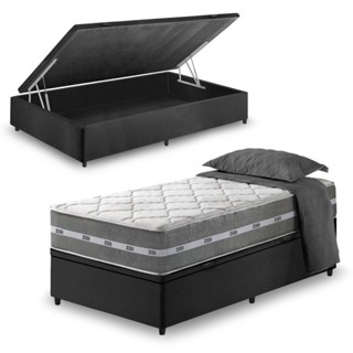 Cama Box Com Baú Solteiro Preto + Colchão Molas Ensacadas Miami 88x188x64cm em Oferta na Shopee