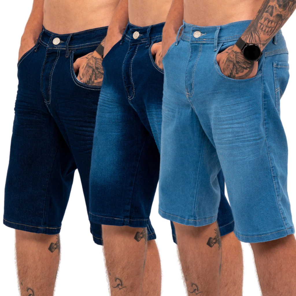 Kit 3 Bermudas Jeans Masculina Lycra Elastano.