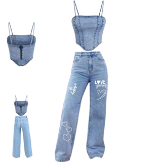 Conjunto Jeans Infantil  juvenil Cropped e Calça  Fashion Blogueirinha em Oferta na Shopee