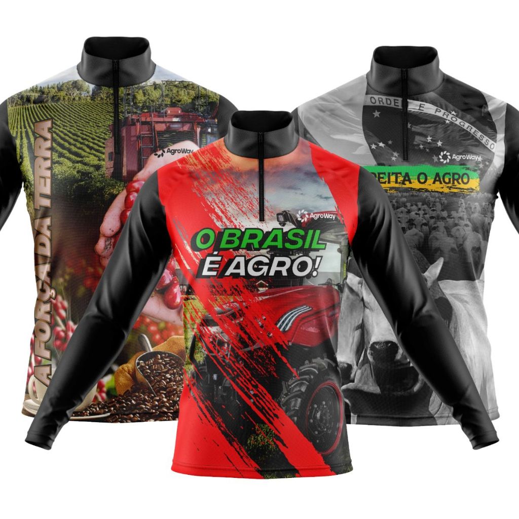 Kit 3 Camiseta Camisa Agro Manga Longa Zíper Proteção UV Suave Trator Colheita Lavoura Gado Plantação Café Colheitadeira