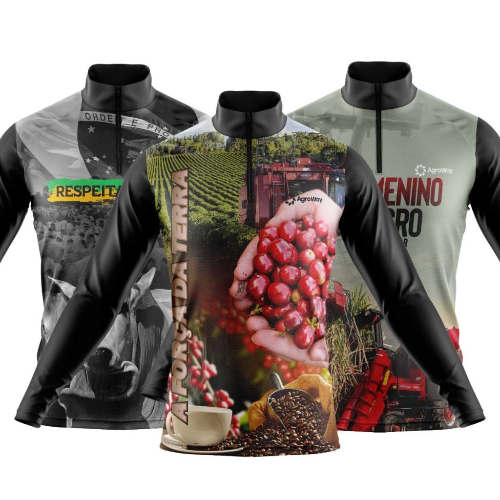 Kit 3 Camiseta Camisa Agro Manga Longa Zíper Proteção UV Suave Plantação Café Trator Colheitadeira Lavoura Gado Brasil